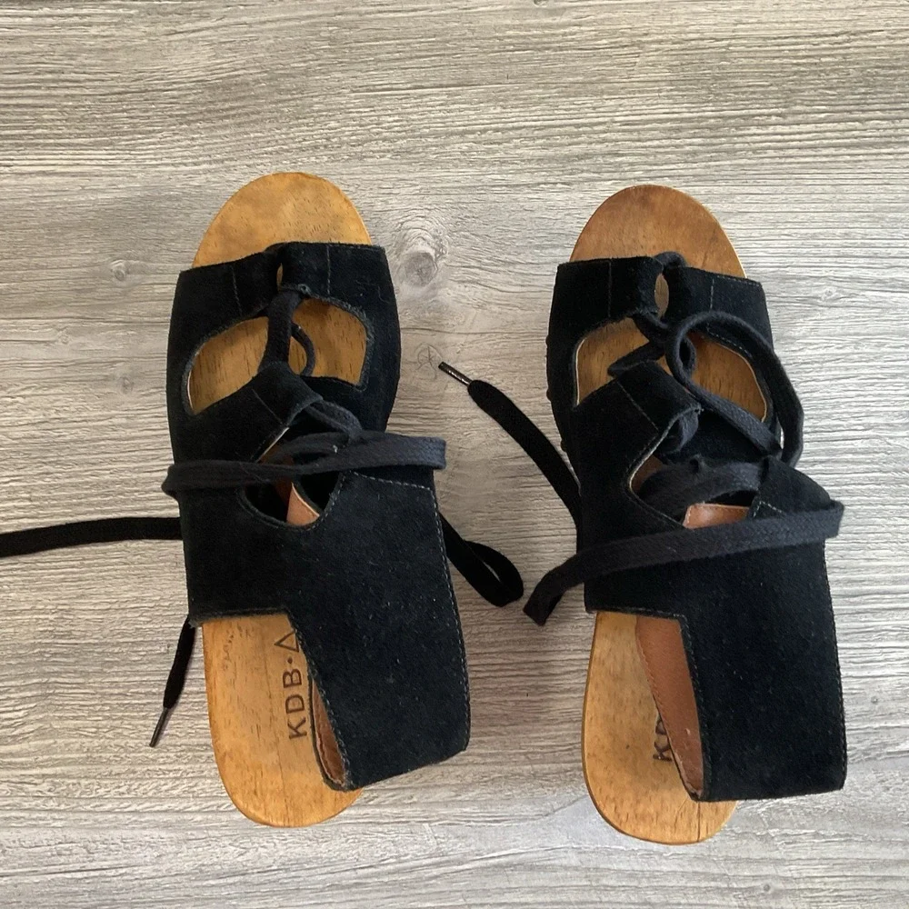 Y2K KDB Womens Sandals Vintage Wedge Size 7 Brazil Lace Up Suede Ankle Strap
